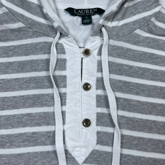 Lauren Ralph Lauren Striped Hoodie Pullover Henley Pocket Gray White Size S - Picture 4 of 11